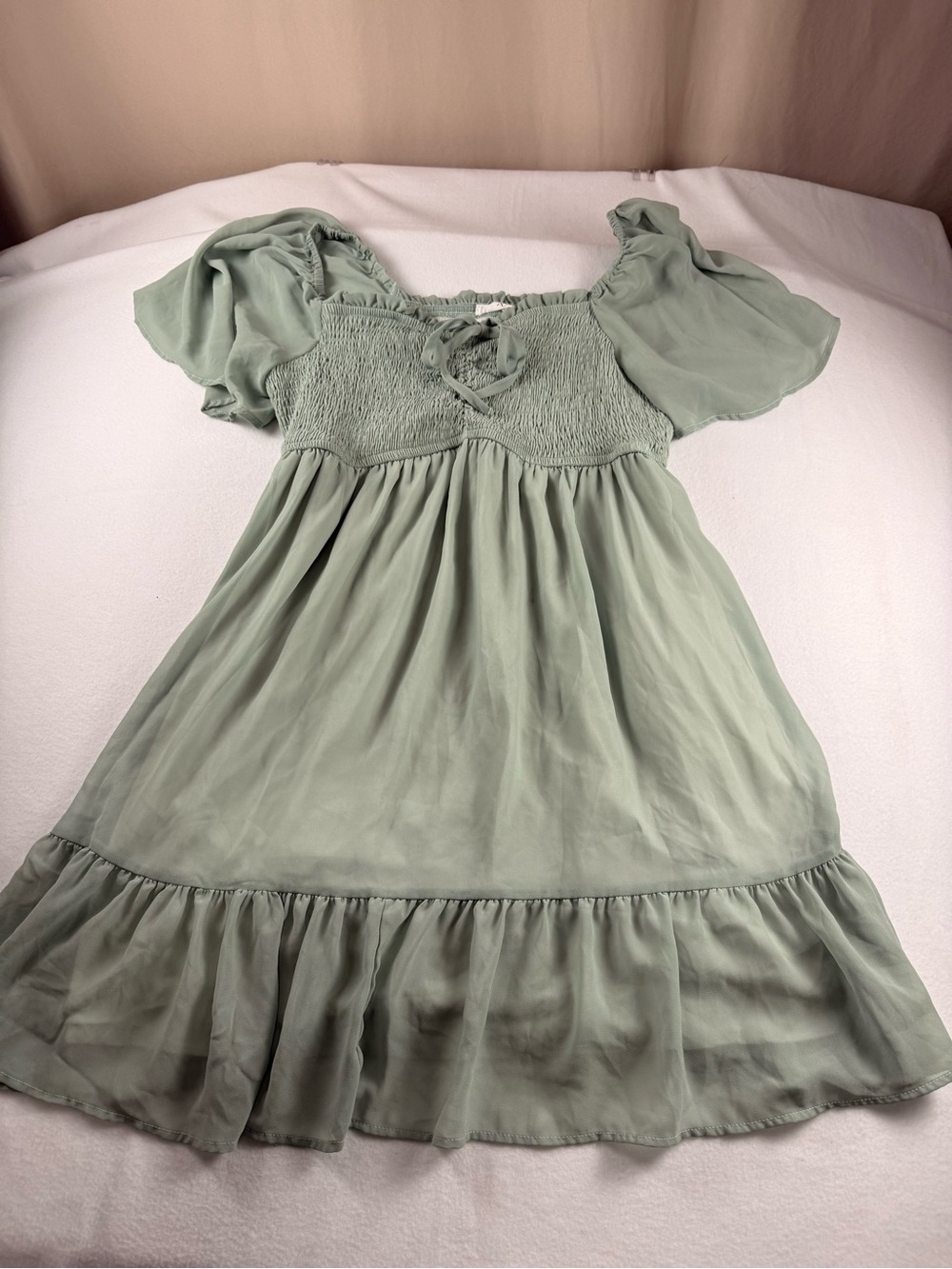 Girls' Sage Green Smocked Puff Sleeve Dress 341